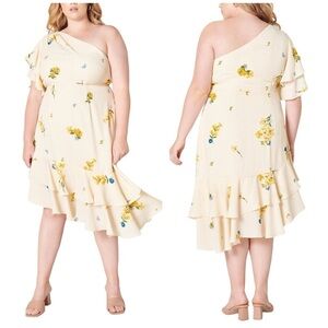 Sugarlips Curve Melba Floral One Shoulder Ruffle Trim Asymmetrical Flowy Dress
